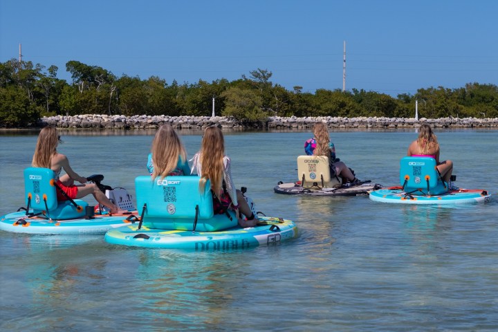 Five people on floating chairs in a calm water bay, surrounded by trees and a clear blue sky.